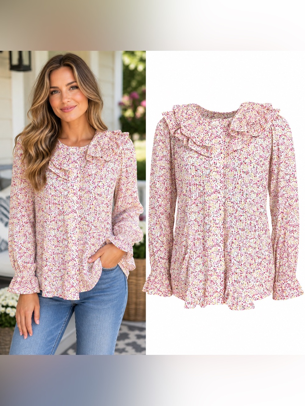 J. Crew Button Down Romantic Feminine Floral Ruffle Top Women’s Size Medium